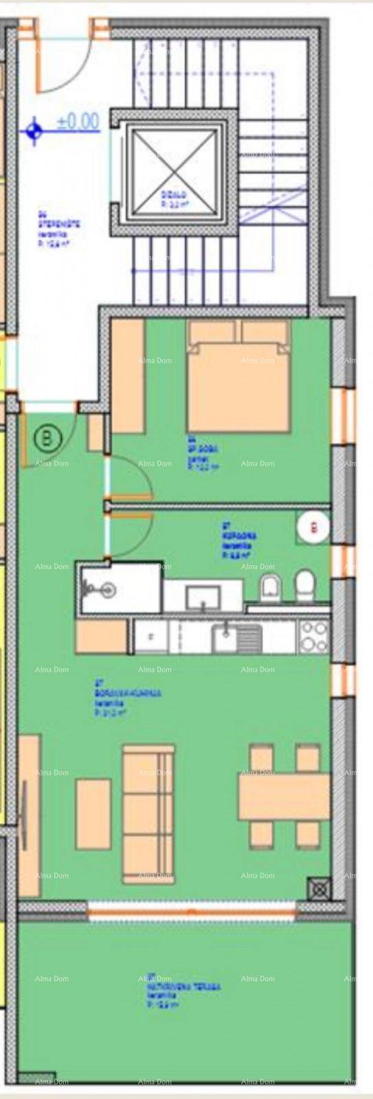 Grundriss einer Wohnung mit offenem Wohnbereich, Schlafzimmer, Bad, separatem WC und Balkon.