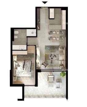 Grundriss einer Wohnung mit offenem Wohnbereich, Schlafzimmer und Balkon.