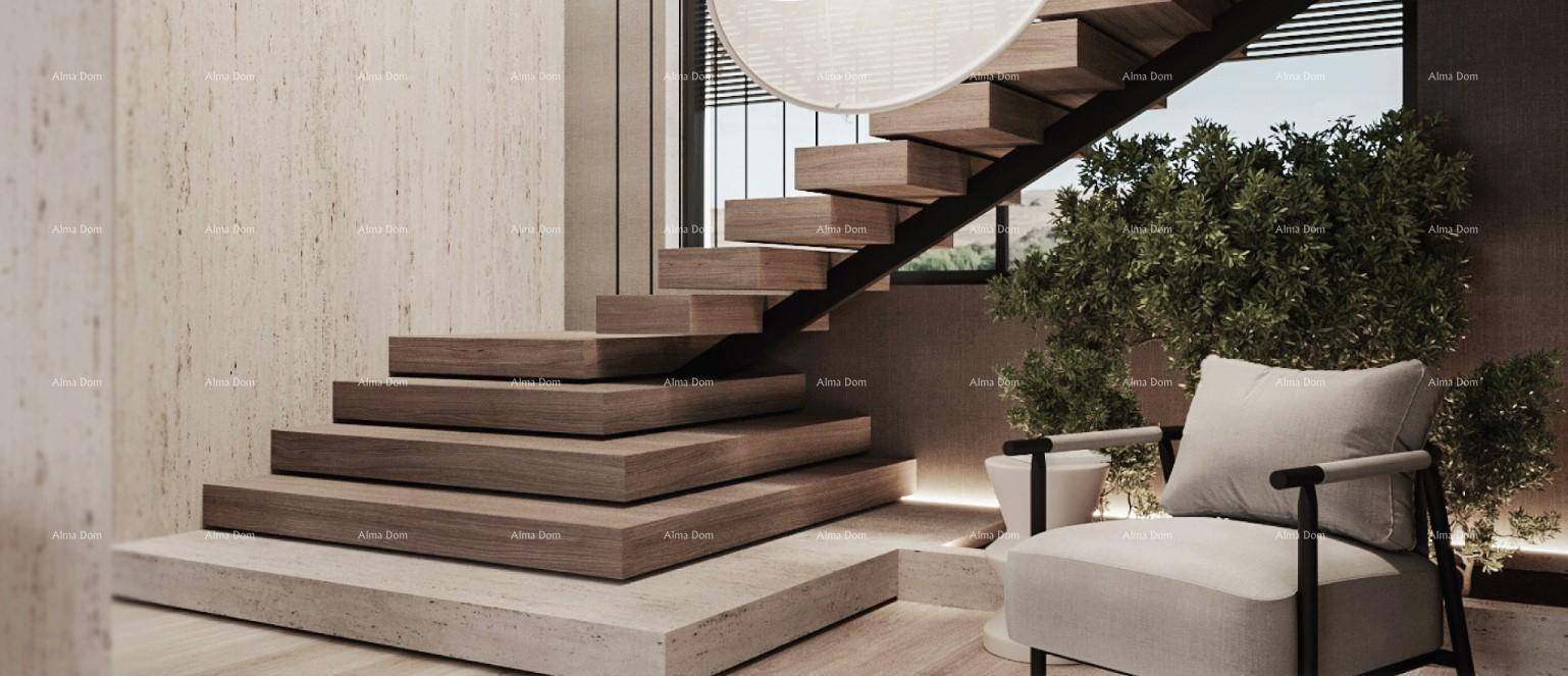 Moderne Holztreppe mit schwebenden Stufen und minimalistischem Design im Eingangsbereich.