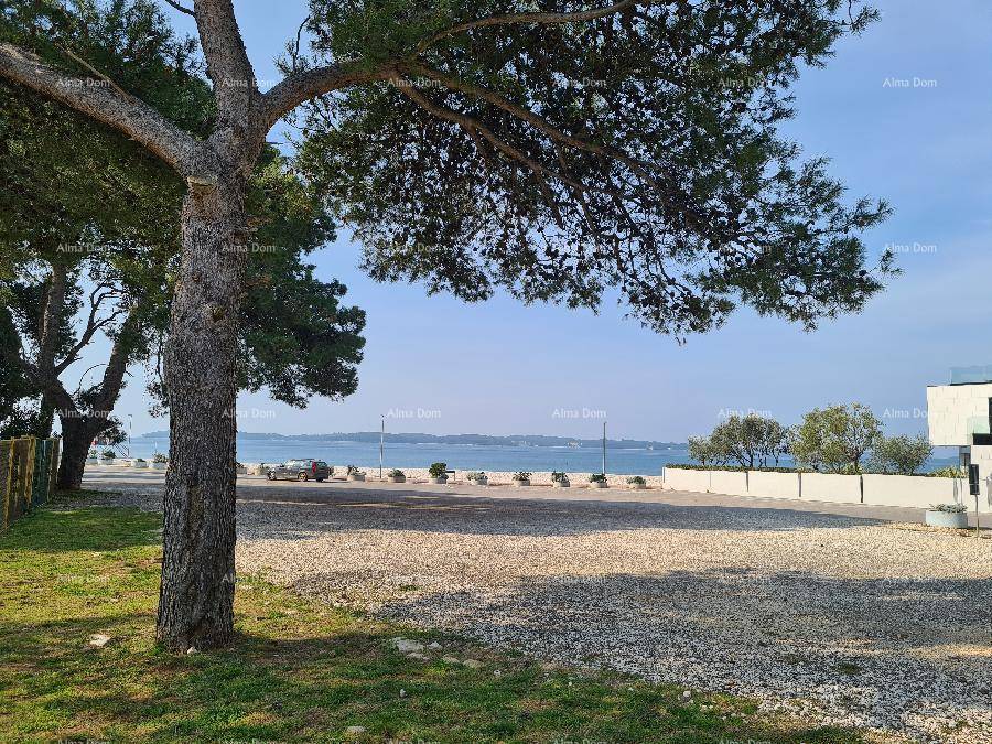 Außenbereich mit Kiesfläche, Bäumen und weitem Blick auf das Meer und die Küste.