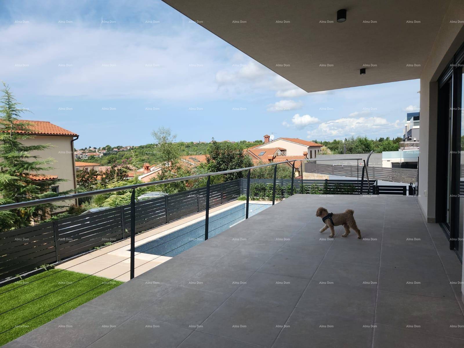 Geräumige Terrasse mit Pool und weitem Blick über die Dächer der Nachbarschaft und die grüne Umgebung.