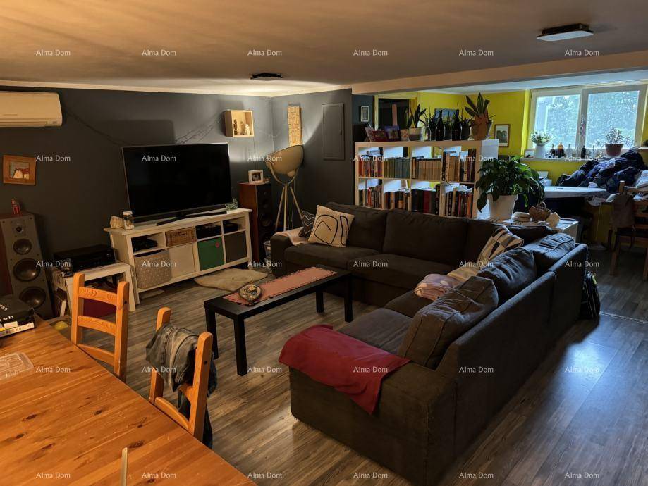 Gemütlicher Wohn-Essbereich mit Sofa, Bücherregal und Blick ins Grüne durch große Fenster.