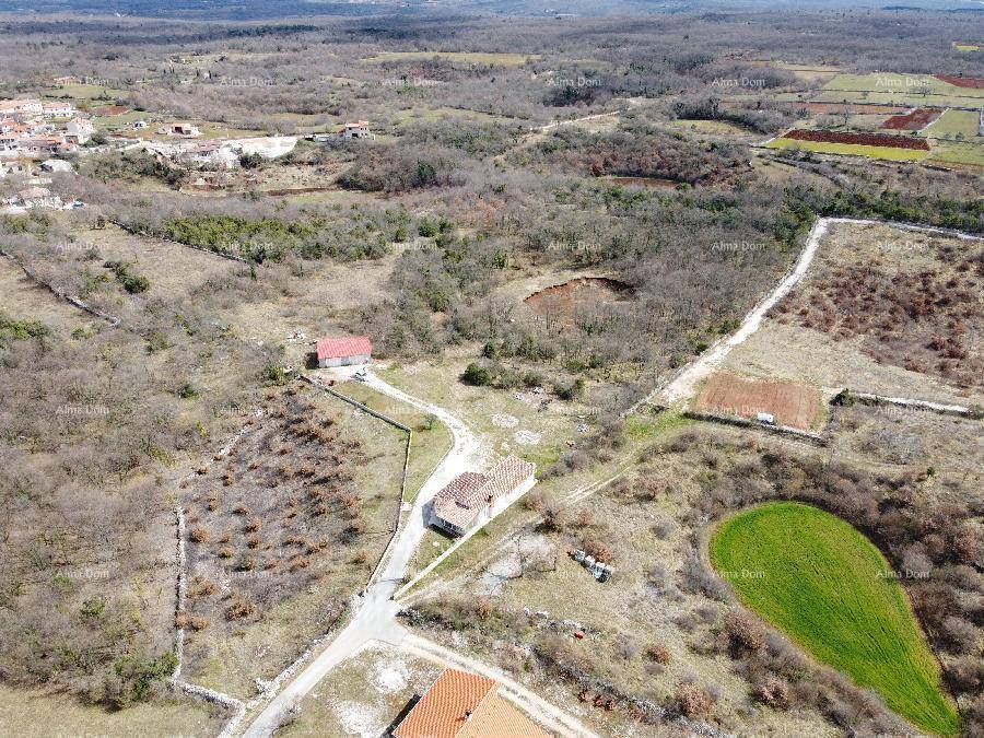 Weitwinkel-Luftaufnahme des gesamten Grundstücks mit Gebäuden und landwirtschaftlichen Flächen.