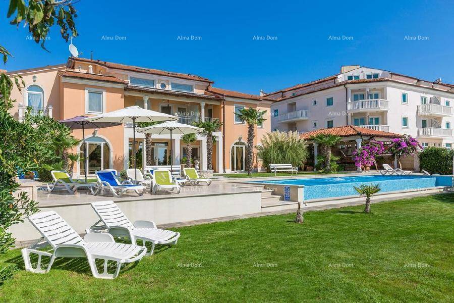 Großzügiger Gartenbereich mit Pool, Liegestühlen und mediterraner Bepflanzung vor dem Gebäude.