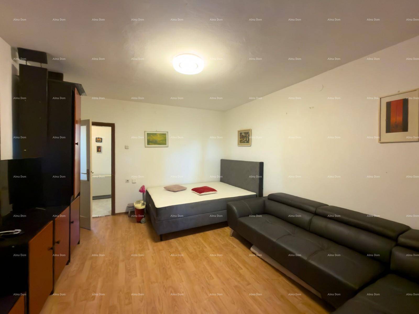 Schlafzimmer mit Bett, Sofa, Holzfußboden und Wandregal.