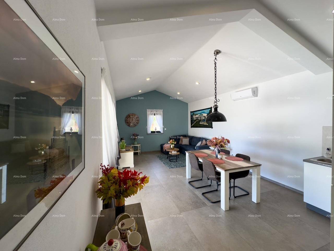 Offener Wohn-Essbereich mit integrierter Küche, Sofa und Zugang zur Terrasse.