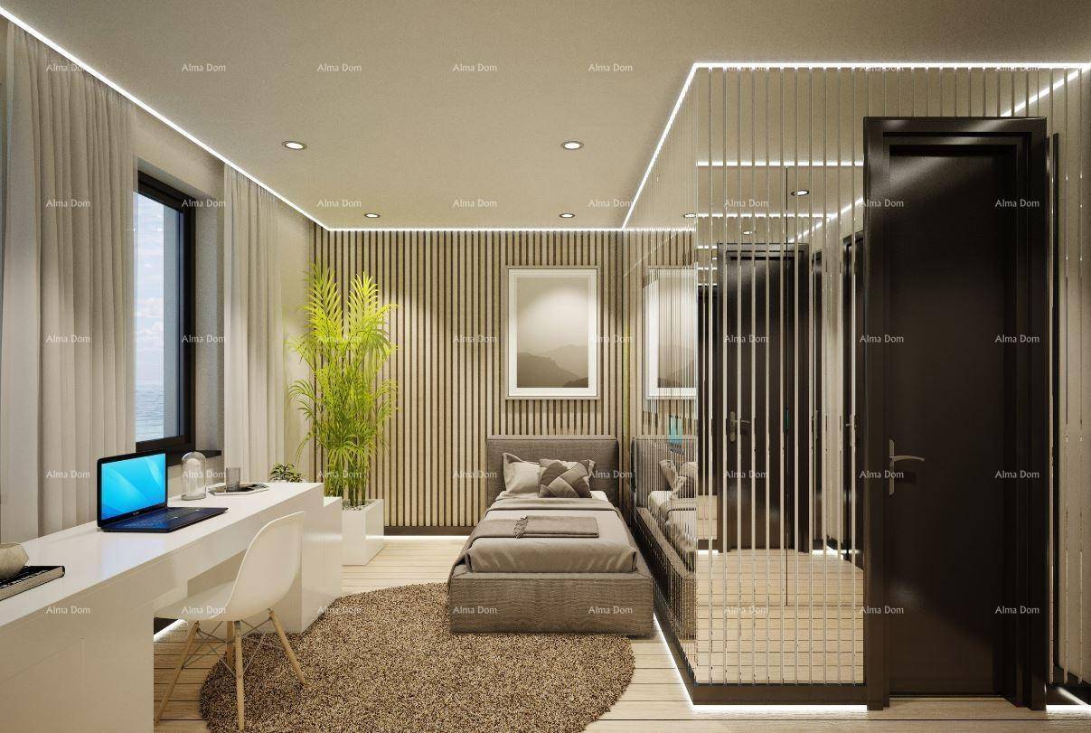 Modernes Schlafzimmer mit Einzelbett, Schreibtisch und Holzvertäfelung, ideal als Gästezimmer.