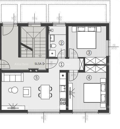 Grundriss einer Wohnung mit zwei Schlafzimmern, offenem Wohnbereich und Badezimmer.