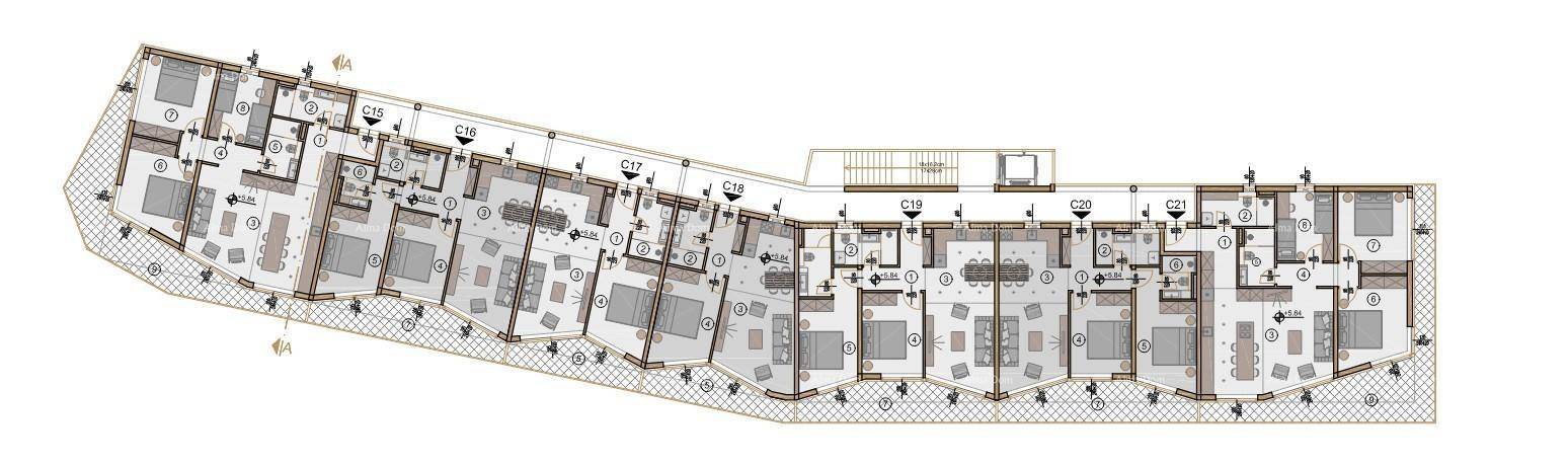 Grundriss einer Etage mit mehreren Wohneinheiten und deren Raumaufteilung.