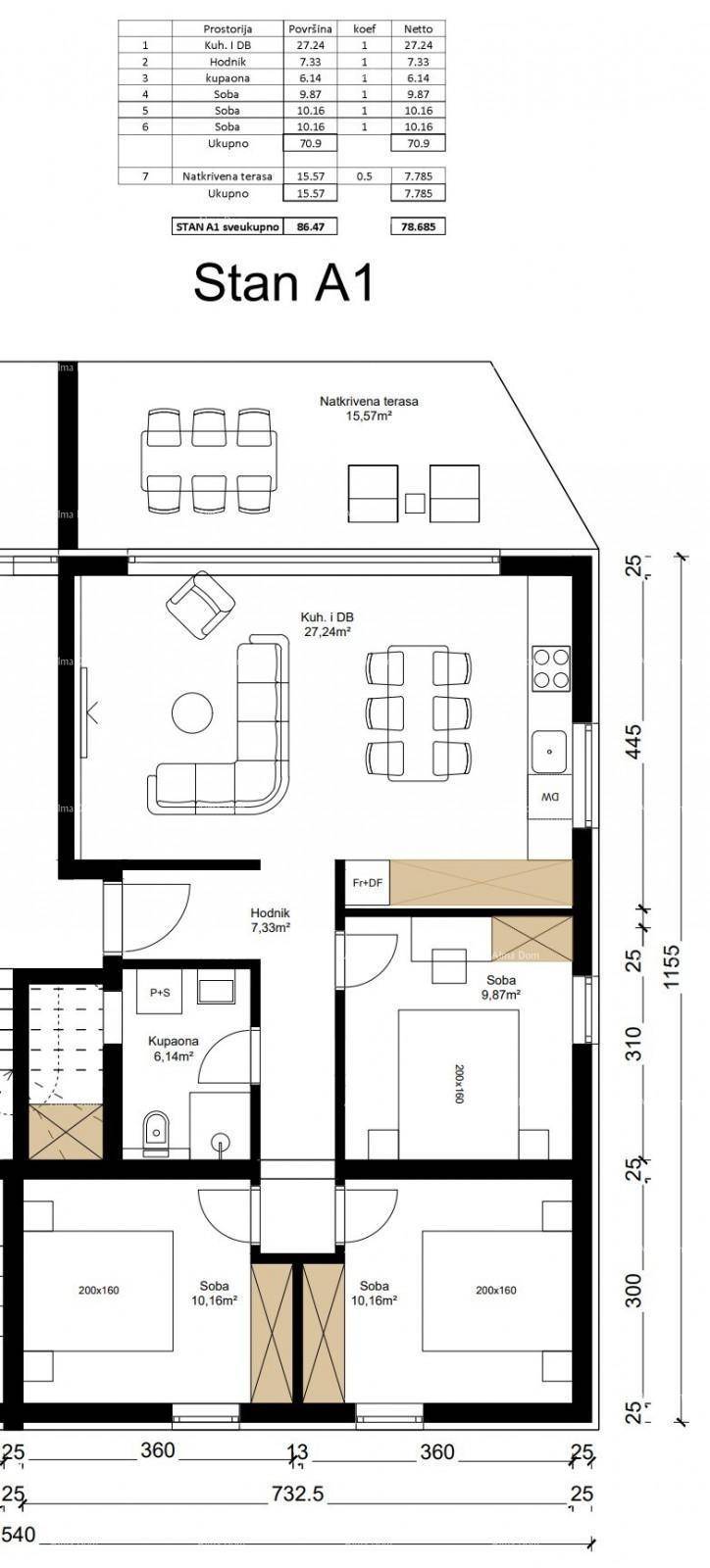 Detaillierter Grundriss der Wohnung A1 mit offenem Wohnbereich, Schlafzimmern und einer überdachten Terrasse.