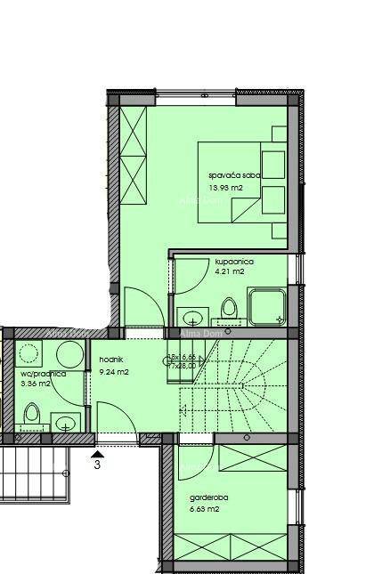 Detaillierter Grundrissplan mit Schlafzimmer, Badezimmer, Flur, WC und Ankleidebereich.