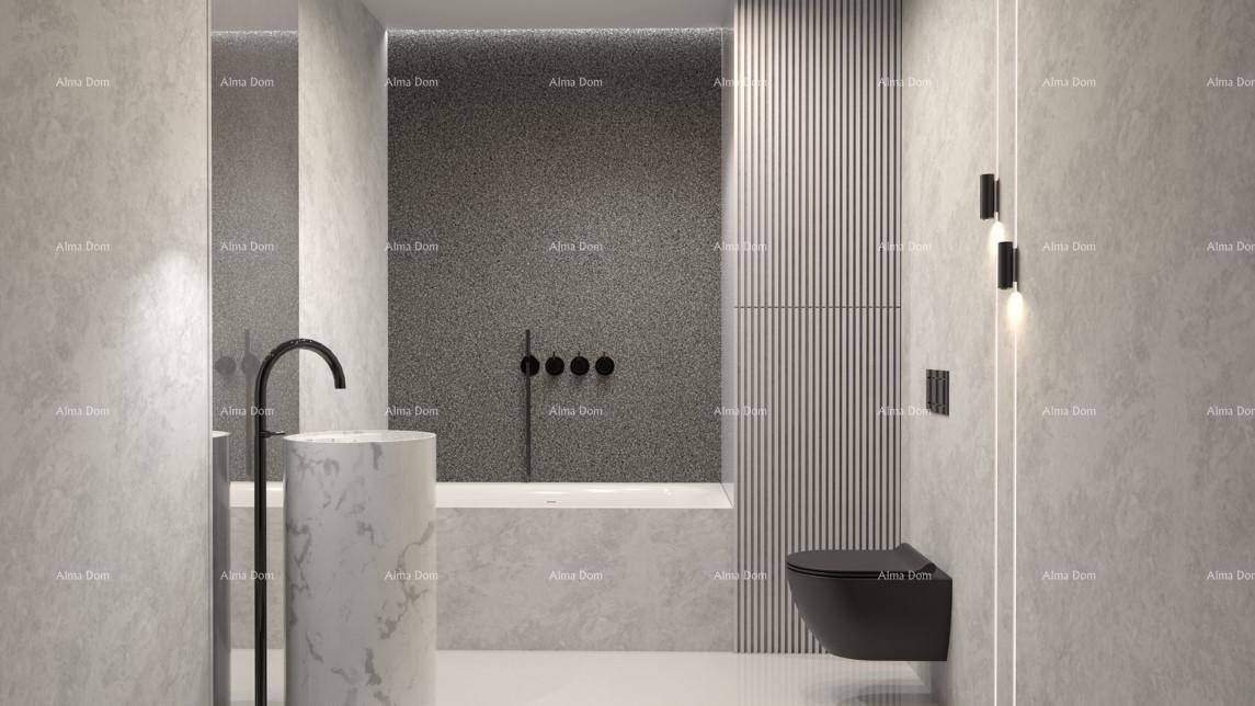 Modernes Badezimmer mit freistehendem Waschbecken, dunklen Armaturen und minimalistischem Design.