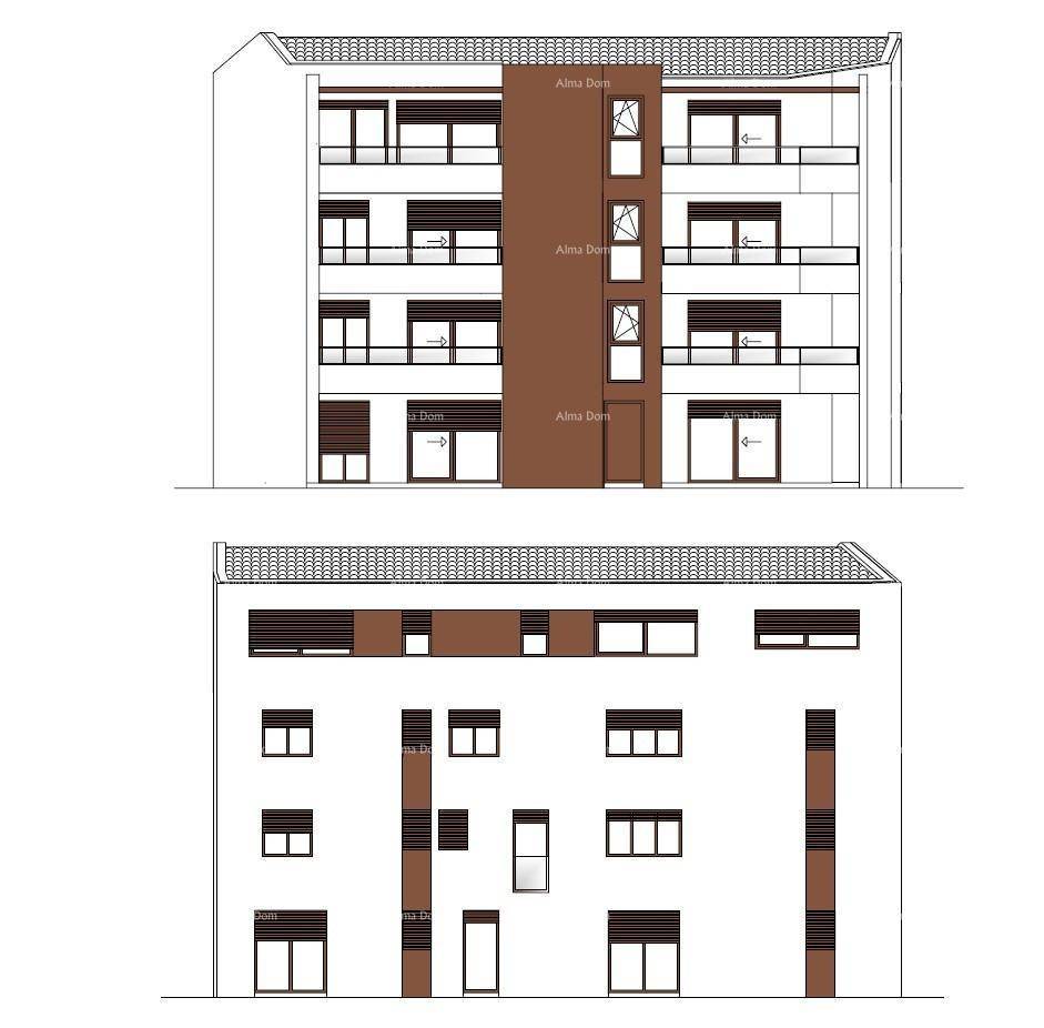 Architektonische Ansichten des Gebäudes, die die Fassadengestaltung und Fensteranordnung zeigen.