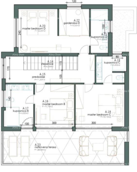 Grundriss des Obergeschosses mit drei Schlafzimmern, zwei Bädern und einer weiteren überdachten Terrasse.