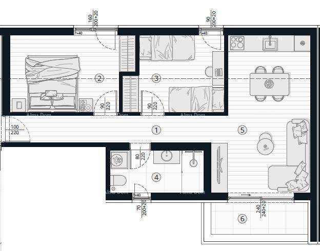 Detaillierter Grundriss einer Wohnung mit zwei Schlafzimmern und offenem Wohnbereich.