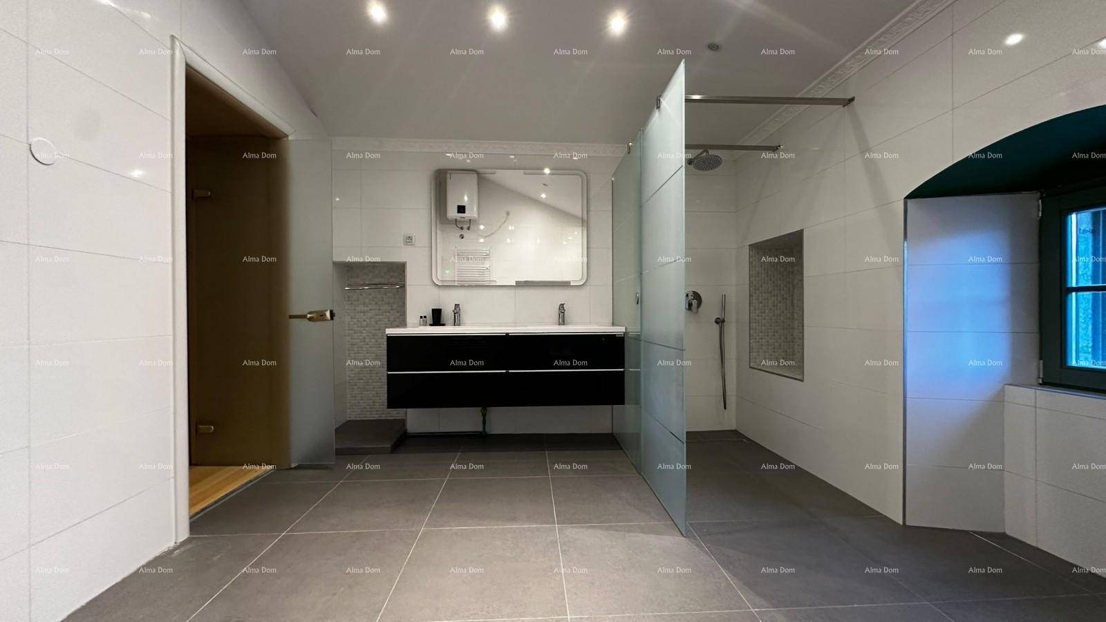 Großes Badezimmer mit begehbarer Dusche, modernem Waschbecken und Zugang zu einer Sauna.
