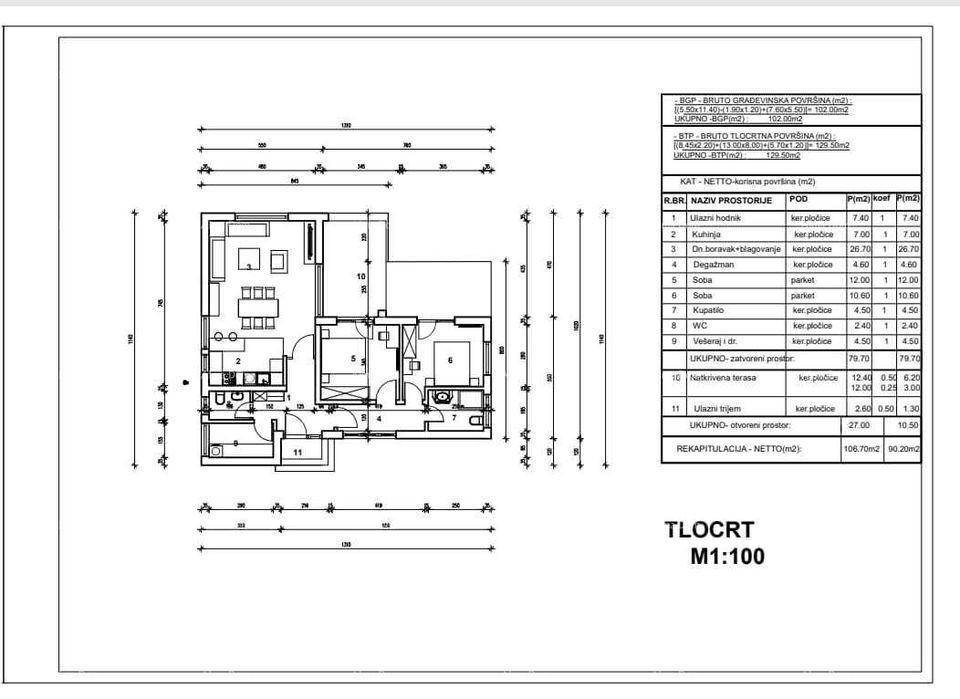 Grundrissplan eines Hauses mit drei Schlafzimmern und offenem Wohnbereich.