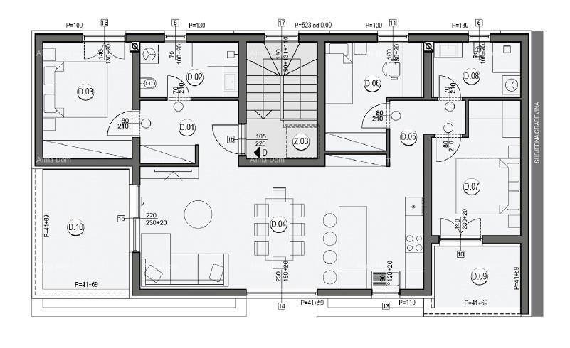 Detaillierter Grundriss einer Wohneinheit mit mehreren Zimmern, Bädern und Balkonen.