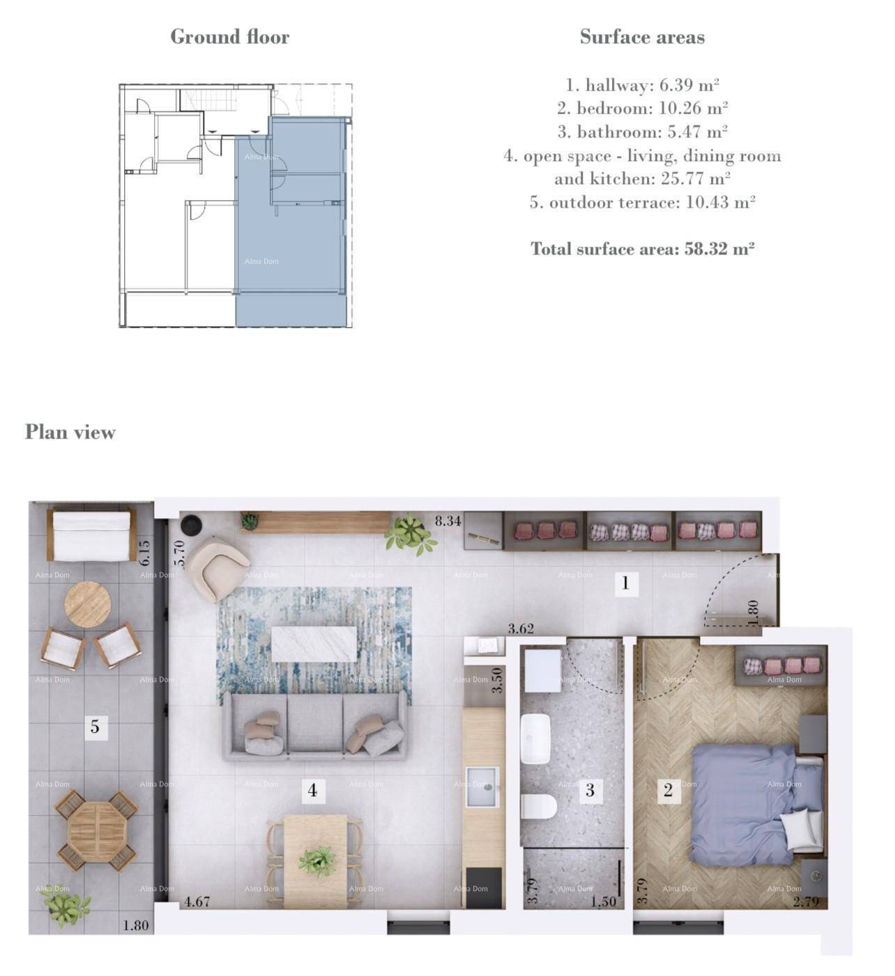 Grundriss des Erdgeschosses mit offenem Wohnbereich, Schlafzimmer und Terrasse.