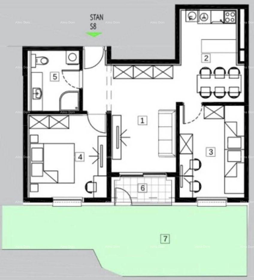 Grundriss der Wohnung S8 mit offenem Wohnbereich, Schlafzimmer und Terrasse.