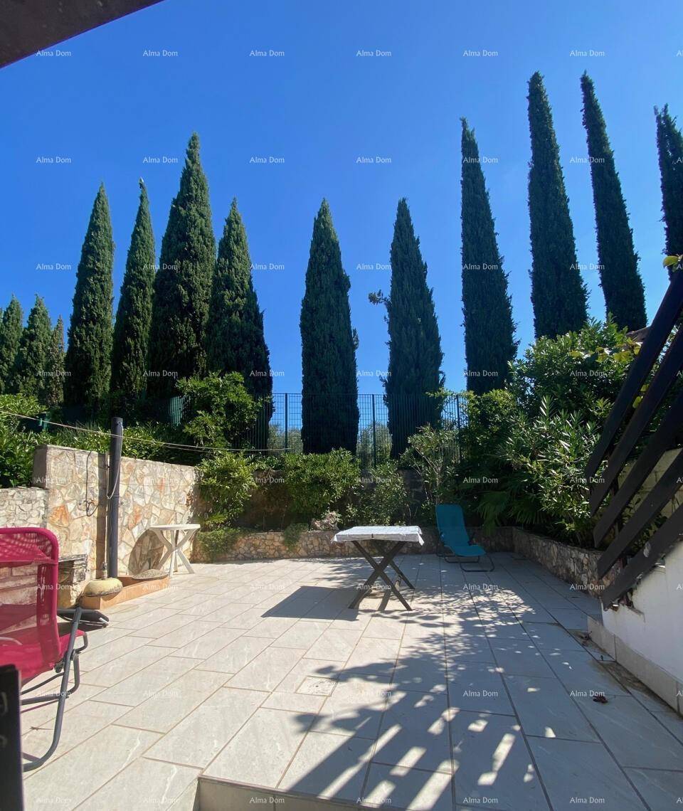 Geräumige Terrasse mit Steinplatten und Zypressen, ideal für entspannte Stunden im Freien.