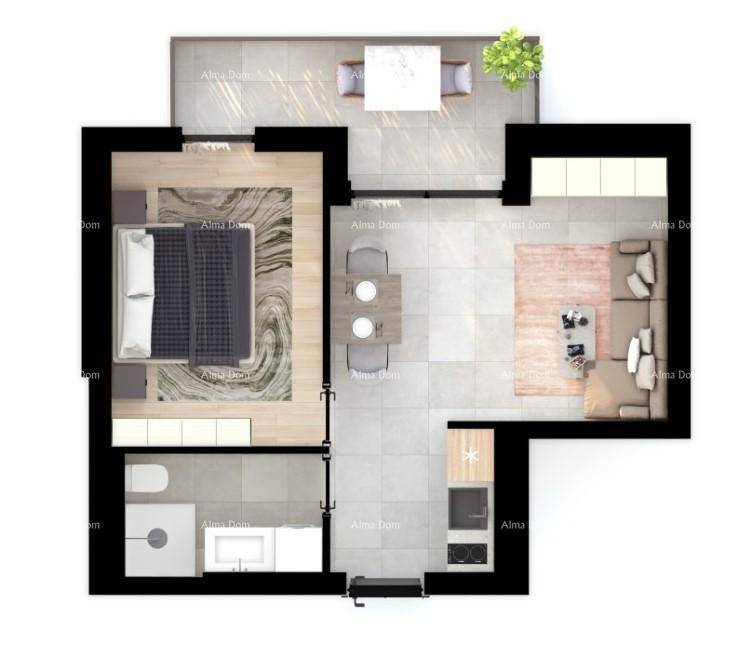 Detaillierter Grundriss einer Wohnung mit Schlafzimmer, Bad, offenem Wohnbereich und Terrasse.