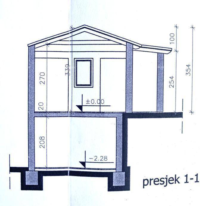 Gebäudeschnitt zeigt zwei Ebenen und die Dachkonstruktion des Hauses.