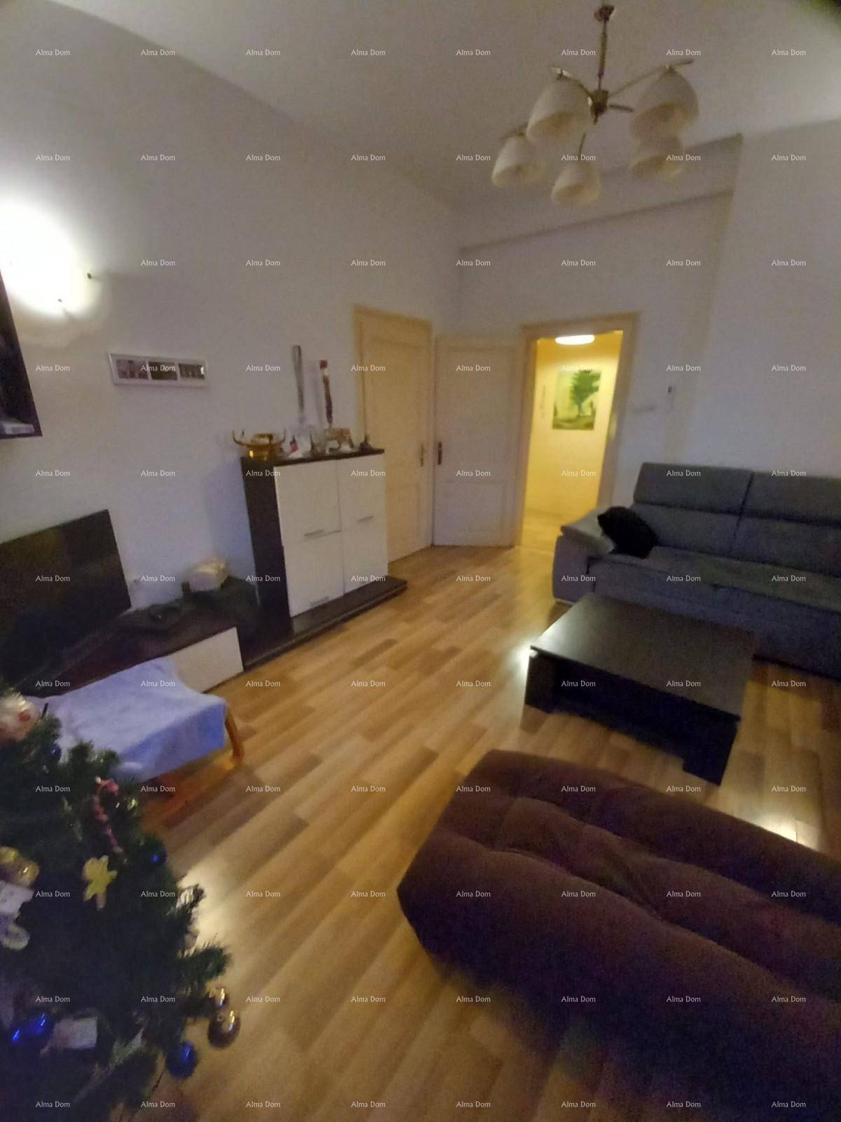 Geräumiges Wohnzimmer mit Holzboden, großem Sofa und einem Couchtisch in der Mitte.