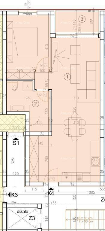 Grundriss einer Wohnung mit offenem Wohnbereich, Schlafzimmer, Bad und separatem WC.
