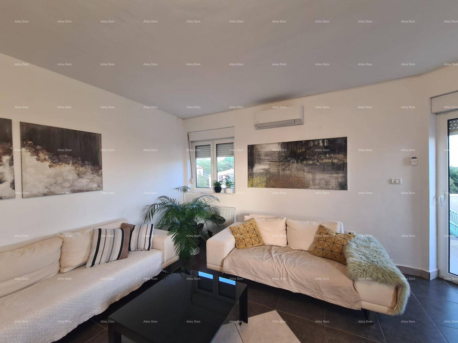 Helles Wohnzimmer mit zwei bequemen Sofas, Klimaanlage und Blick nach draußen.