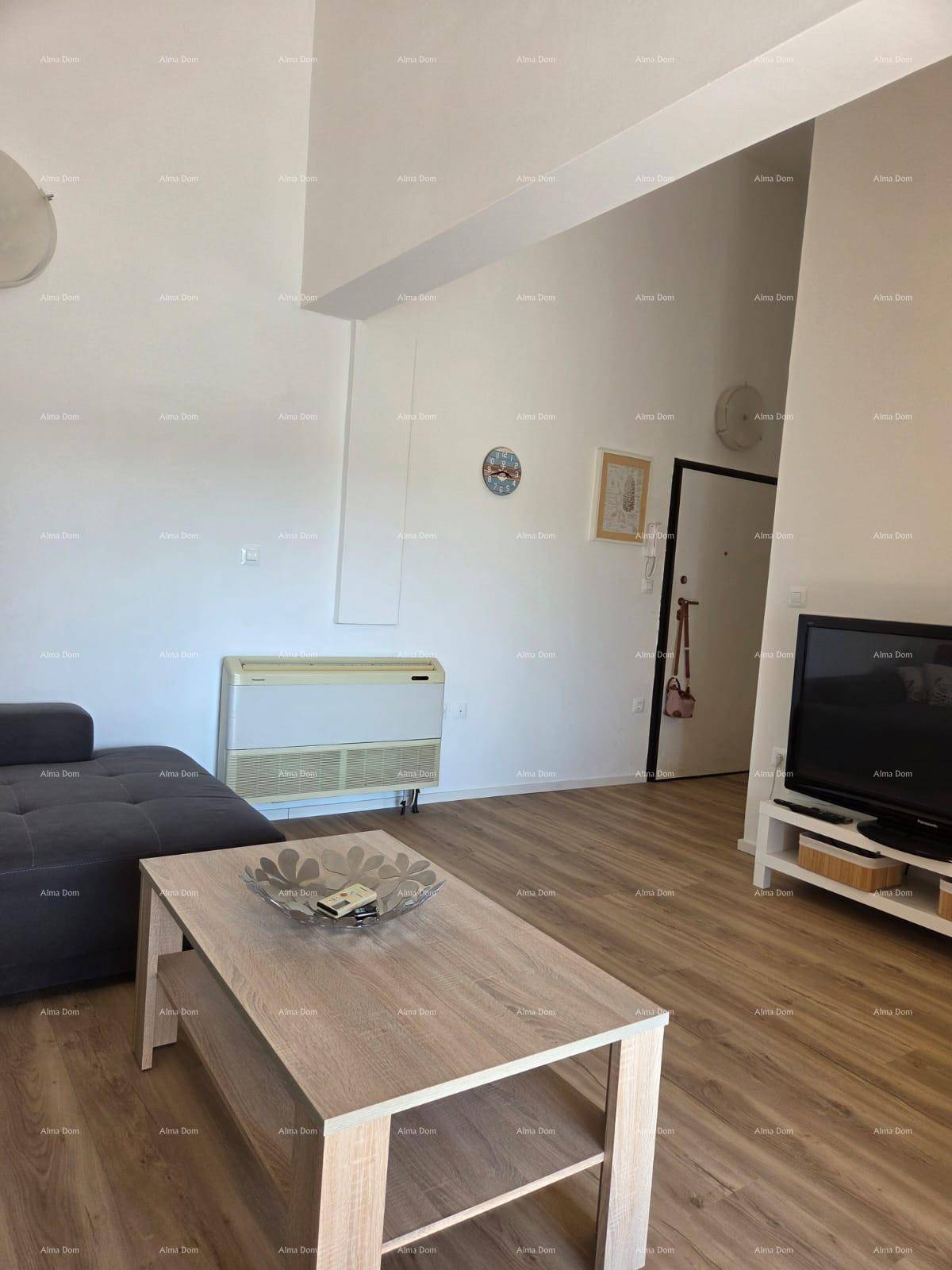 Wohnzimmer mit Sofa, Couchtisch, Fernseher und Laminatboden, hell und funktional eingerichtet.