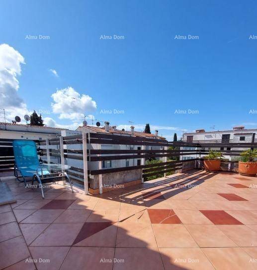 Geräumige Dachterrasse mit Fliesenboden, Sonnenliege und Pflanzen, bietet weiten Blick unter blauem Himmel.