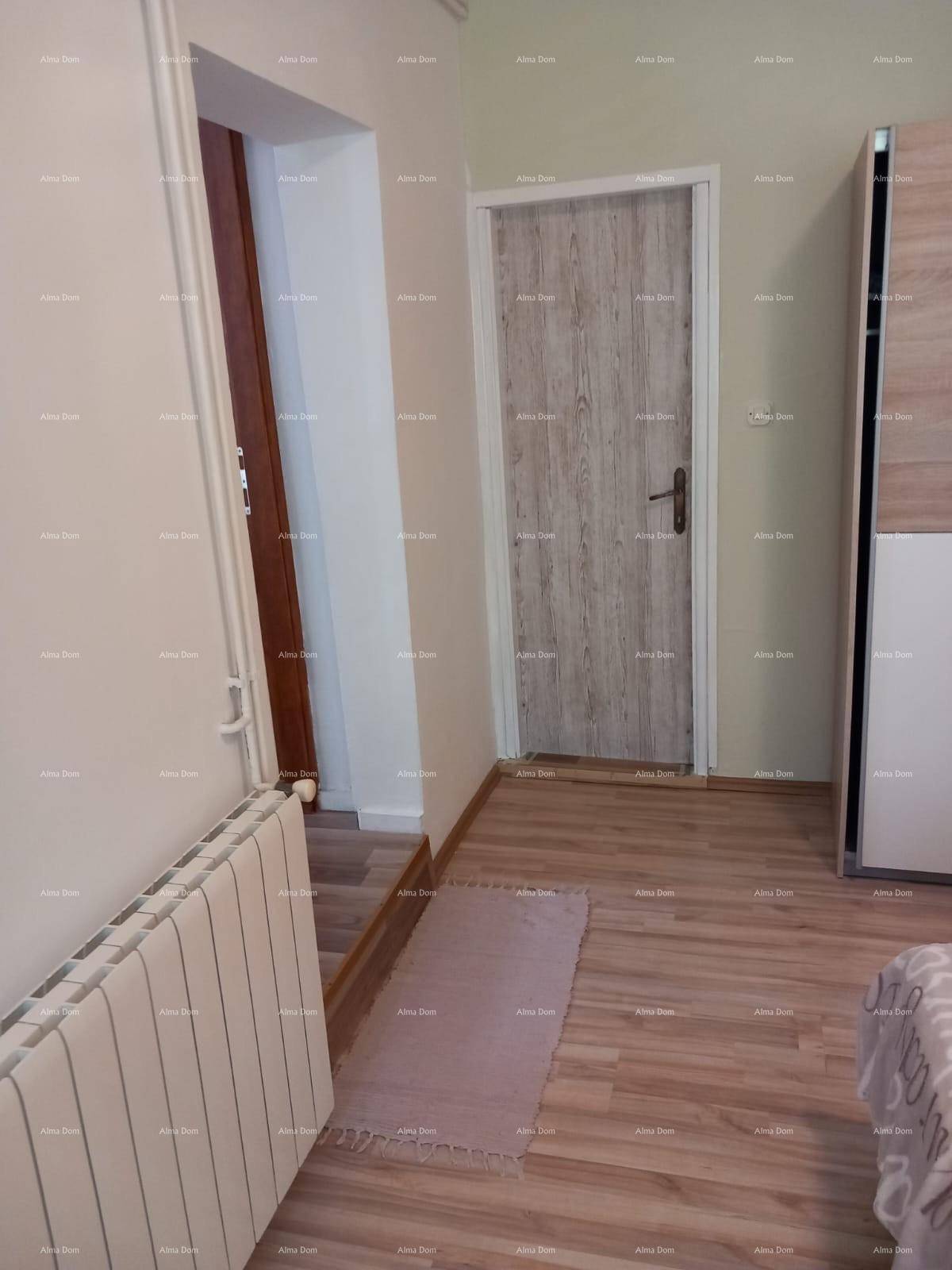 Heller Flur mit Laminatboden und Heizkörper, verbindet die verschiedenen Wohnbereiche.