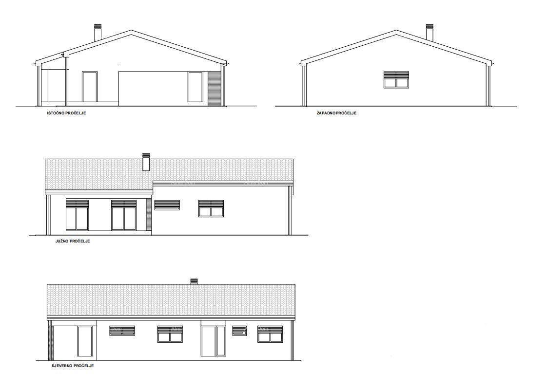 Architektonische Ansichten eines Gebäudes, die die verschiedenen Fassaden und Fensterpositionen zeigen.