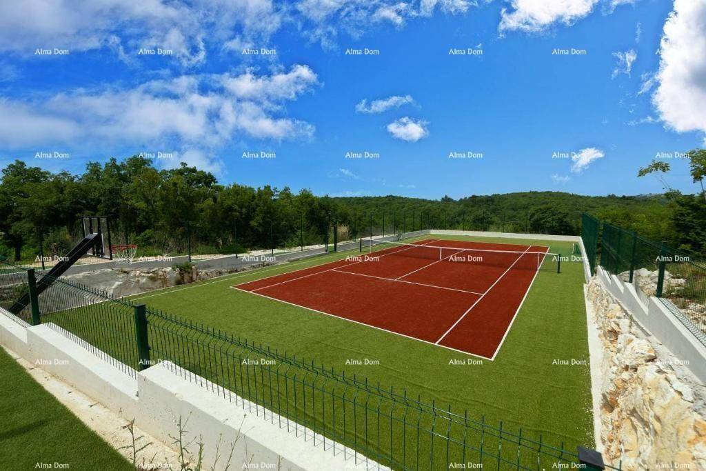 Großer Tennisplatz mit Kunstrasen, umgeben von viel Grün und Natur.