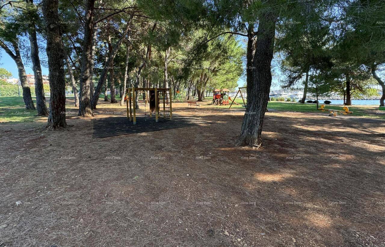 Kinderspielplatz unter schattenspendenden Bäumen mit Blick auf das nahegelegene Meer.