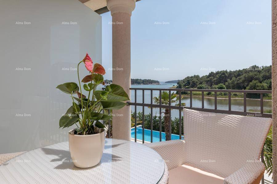 Gemütlicher Balkon mit Pflanzen und einem weiten Blick über das Meer und den darunterliegenden Pool.