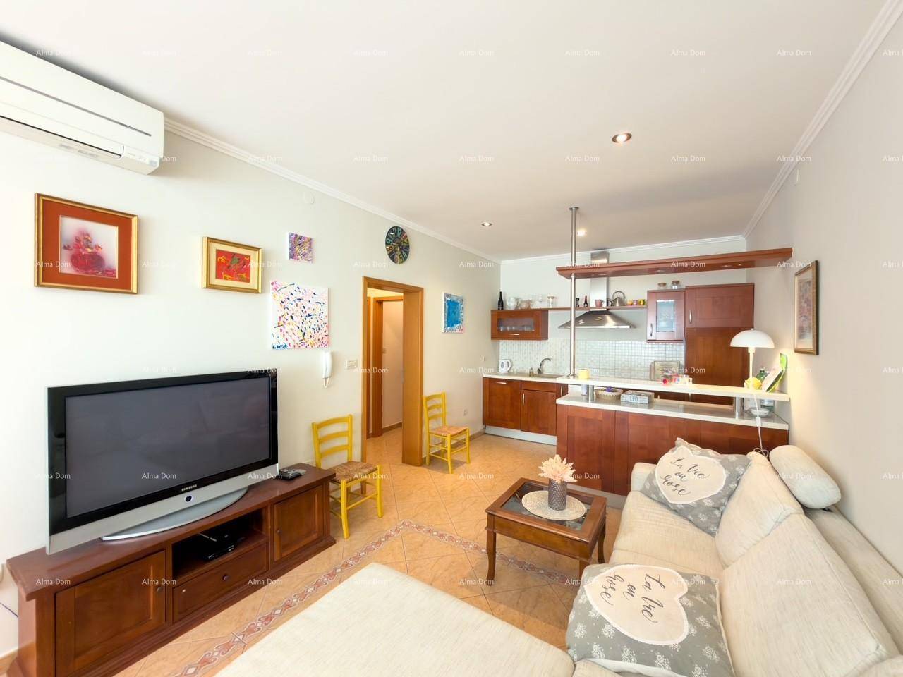 Wohnbereich mit Fernseher, Sofa und offener Küche im Hintergrund.