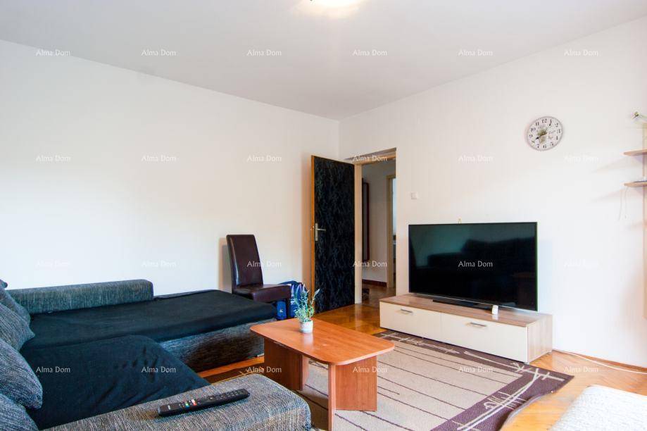 Gemütliches Wohnzimmer mit L-förmigem Sofa, Holzboden und einem Fernseher.