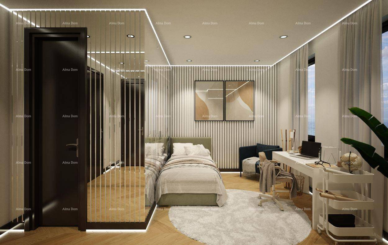 Modernes Schlafzimmer mit Holzboden, integriertem Schreibtisch und stilvoller Beleuchtung.