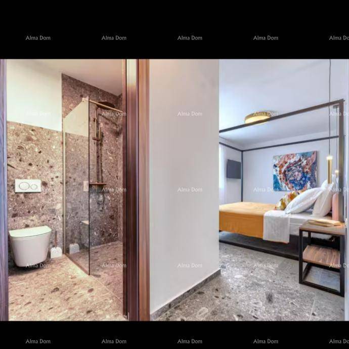 Modernes Badezimmer mit begehbarer Dusche und Toilette, direkt vom Schlafzimmer zugänglich.