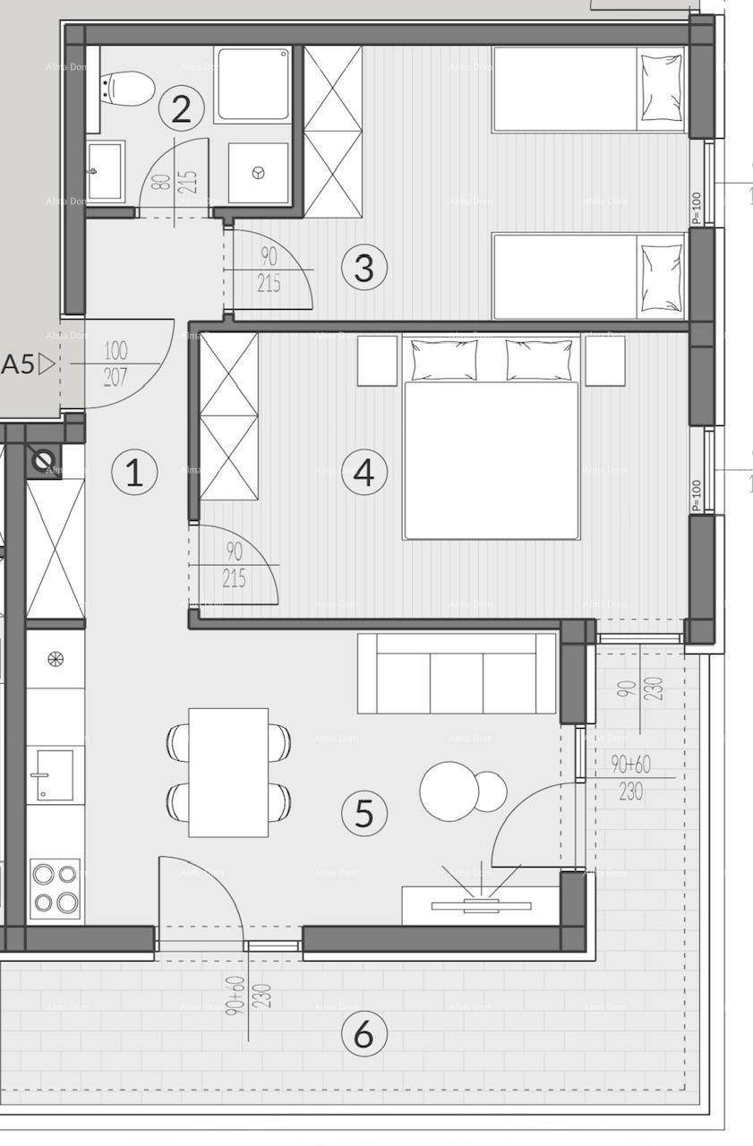 Detaillierter Grundriss einer Wohnung mit zwei Schlafzimmern und offenem Wohnbereich.