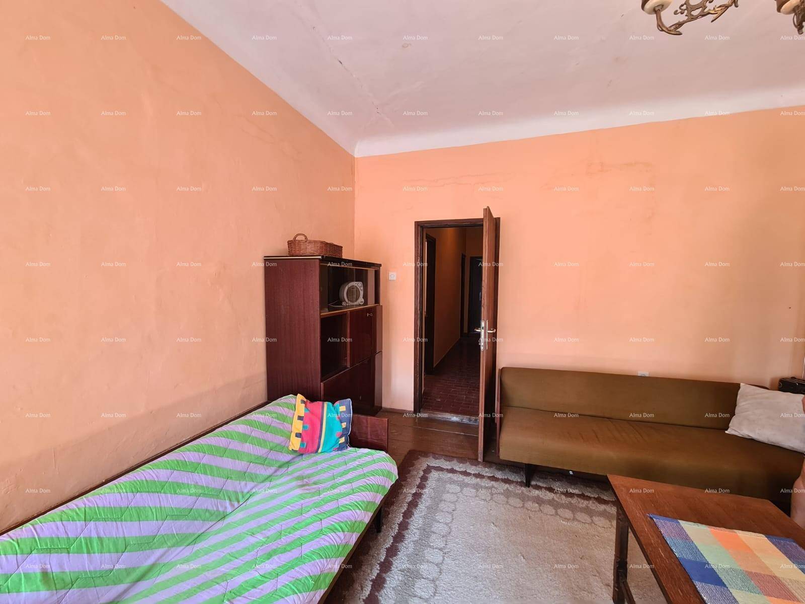 Einfaches Zimmer mit orangefarbenen Wänden, einem Schlafsofa und Teppichboden.