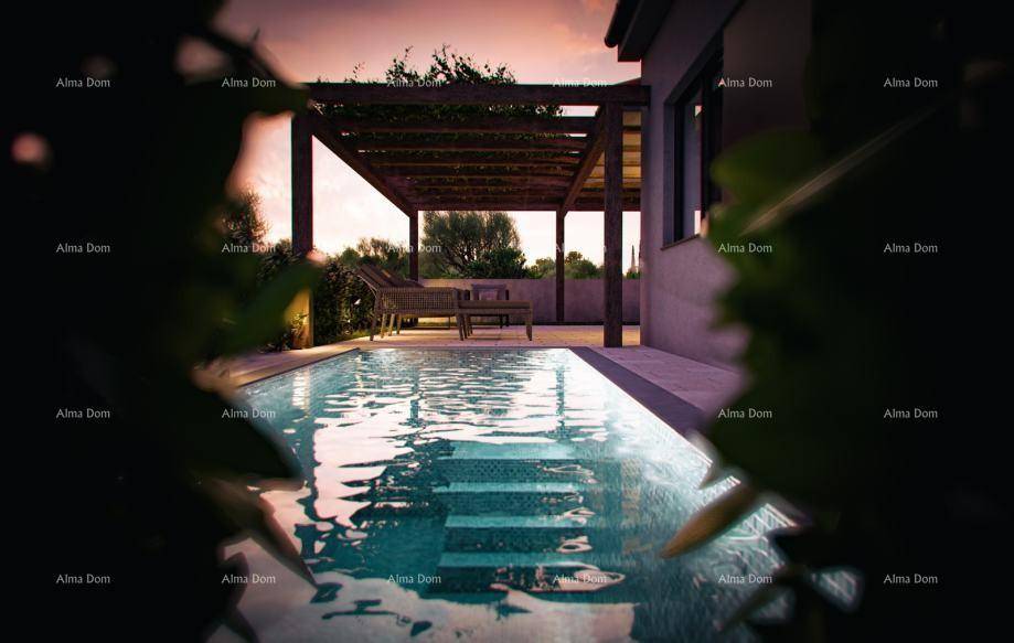 Blick auf den Pool mit Stufen und einem Lounge-Bereich unter einer Holzpergola im Abendlicht.