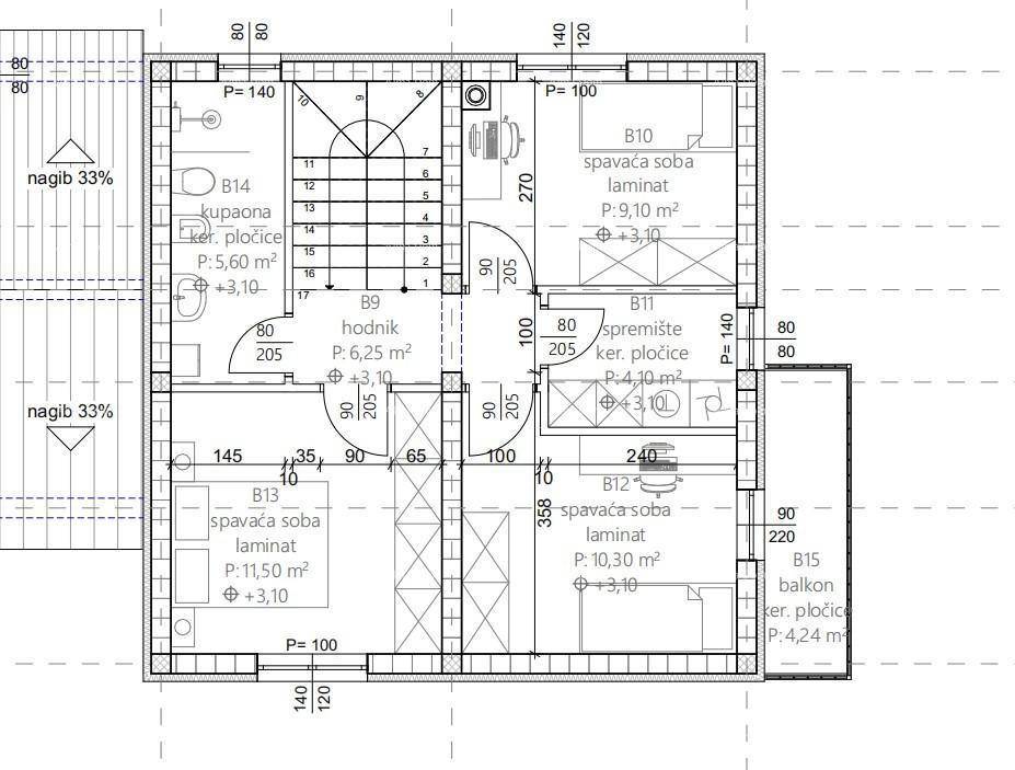 Grundriss des Obergeschosses mit drei Schlafzimmern, einem Badezimmer und einem Balkon.