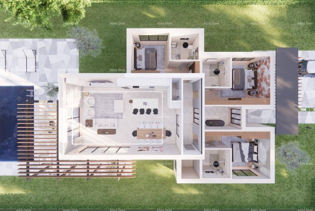 Detaillierter Grundriss einer Villa mit Möblierung und Außenbereich.