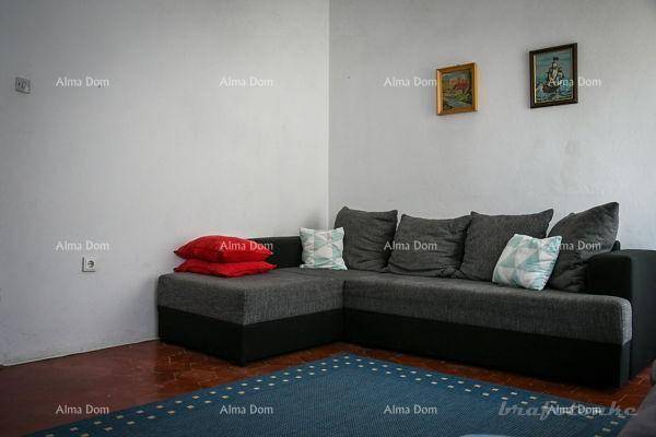 Gemütliches Wohnzimmer mit Ecksofa, roten Kissen und einem blauen Teppich.