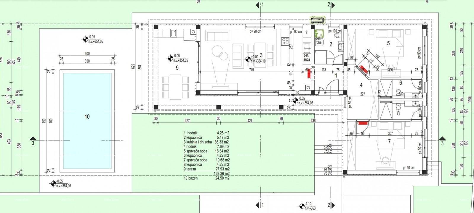 Grundrissplan mit Raumaufteilung, Pool und Bemaßungen des zukünftigen Hauses auf grünem Hintergrund.