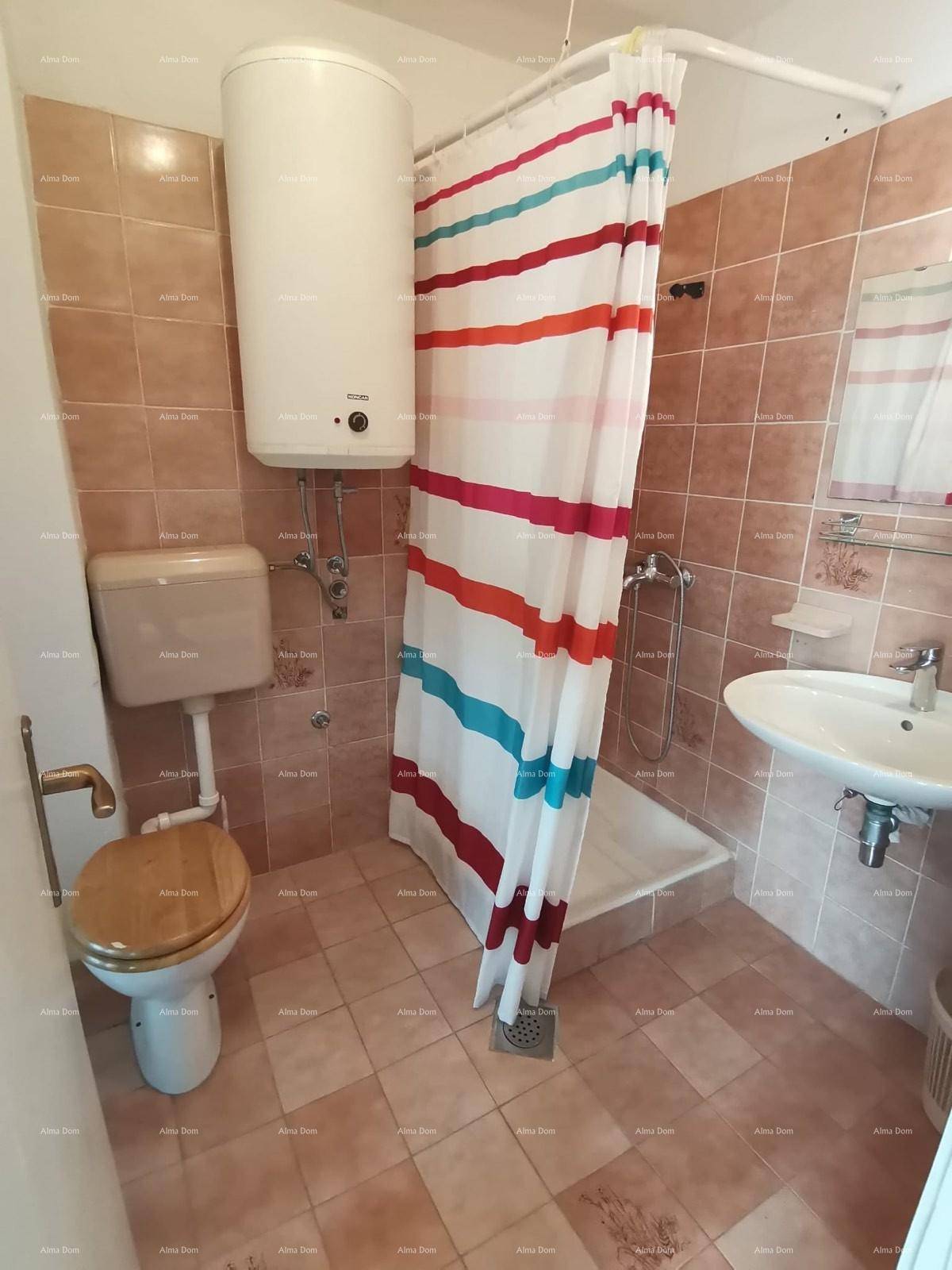 Badezimmer mit Dusche, Toilette, Waschbecken und Boiler an der Wand.
