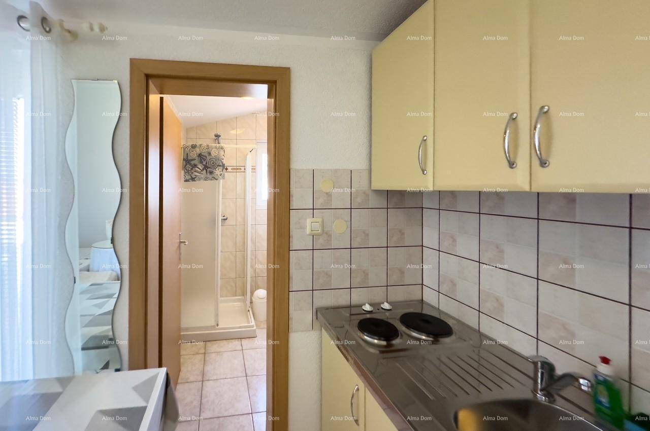 Kompakte Küchenzeile mit Kochfeld und Blick auf das angrenzende Badezimmer mit Dusche.